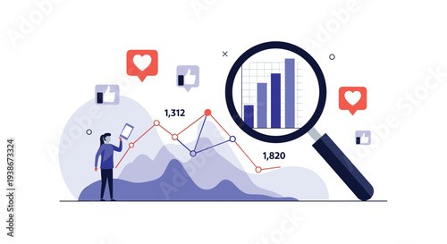 Social media analyst studies engagement metrics and audience data with a magnifying glass over charts and graphs of likes.