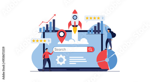 Team working on a business startup launch with SEO and marketing analytics to boost search engine ranking and visibility.