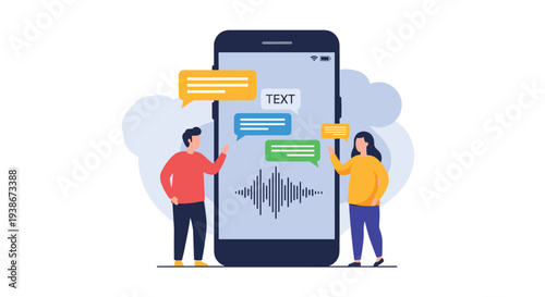 Voice to text technology on a smartphone with a man and woman communicating through audio messages converted into chat bubbles.