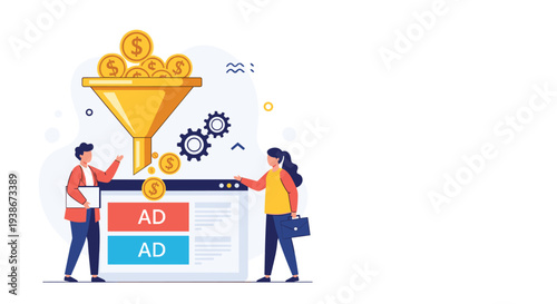 Pay-per-click advertising concept with a sales funnel converting money into ad placements to attract customers for business.