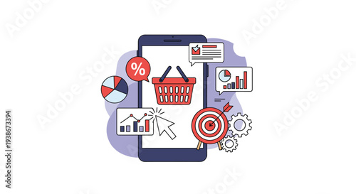 Mobile commerce and e-commerce analytics concept with a smartphone showing a shopping basket surrounded by marketing performance icons.