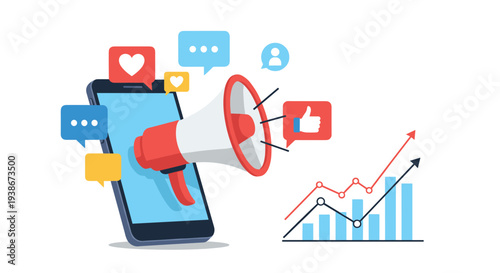 Social media marketing campaign on a smartphone with a megaphone generating likes comments and driving business growth analytics.
