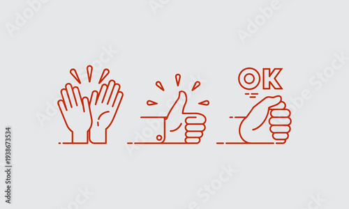 A series of simple orange red line drawings depicting clapping hands and thumbs up gestures