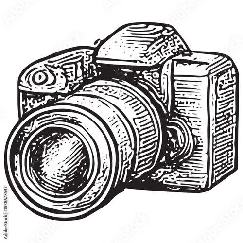 Vintage DSLR Camera Engraving Illustration Photojournalism Photography Equipment for News Media