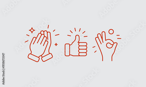 Three hand gestures clapping thumbs up and rock on depicted in a simple linear style