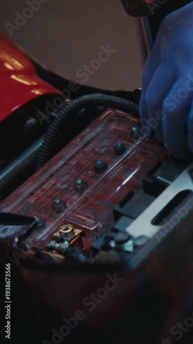 Close Up Woman in Protective Gloves Uses Screwdriver to Loosen Bolts on Battery Terminals of Motorcycle. Precision of Electrical Service and Approach to Bike Repair in Garage Setting. Vertical Shot.