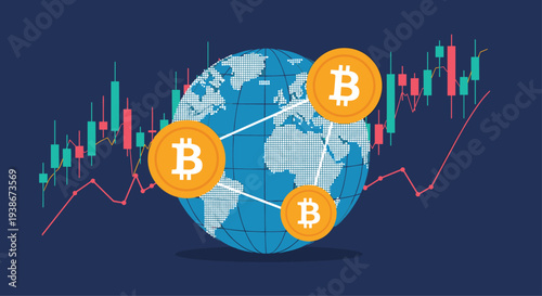 Global cryptocurrency trading and blockchain network concept with bitcoin connecting across the world on a stock market chart.