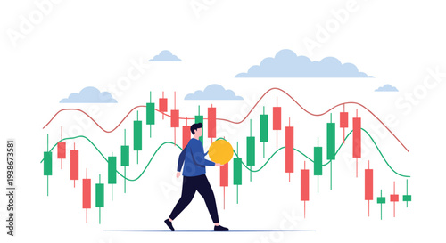 Man carrying a gold coin walks through a volatile stock market candlestick chart representing investment and financial trading.