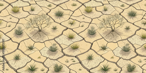 Arid landscape featuring sparse vegetation and cracked earth terrain patterns Vector