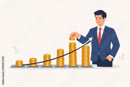 Businessman stacking gold coins on a rising bar chart with an upward arrow, representing dollar cost averaging DCA investment strategy, financial growth, wealth management, and long-term savings.