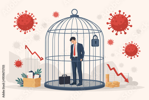 Businessman Trapped in Birdcage During COVID-19 Pandemic Representing Economic Crisis, Job Loss, and Lockdown Impact on Global Business and Financial Markets with Declining Stock Market Graph.