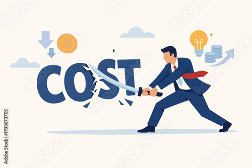 Businessman in Suit Cutting the Word Cost with a Sword for Cost Reduction and Financial Optimization. Concept of Saving Money, Decreasing Expenses, and Business Efficiency with Creative Ideas.