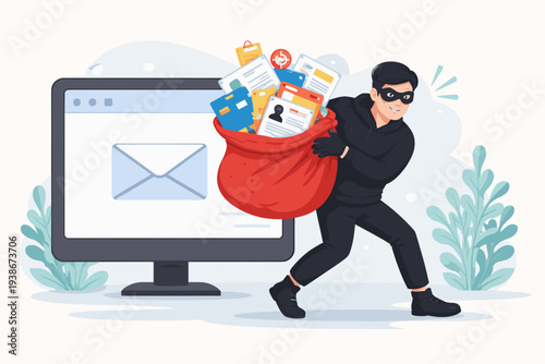 Cyber Hacker in Mask Stealing Personal Data and Private Information from Email Account on Computer Screen, Concept of Identity Theft, Data Privacy Breach, Phishing, and Online Security Risks