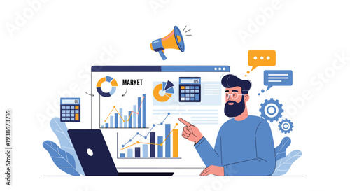 Marketing analyst presents a market research report on a laptop showing data charts and financial calculations for strategy.
