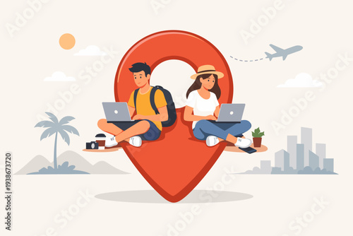 Digital nomad couple working on laptops while sitting on a large location pin, freedom to work anywhere from tropical beach to city, remote work, freelancing, and travel lifestyle illustration.