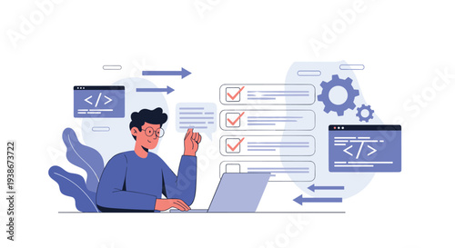 Male developer working on a laptop managing a project checklist and coding tasks for software or web application development.