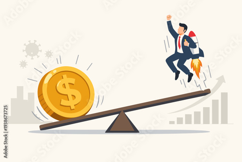 Economic Stimulus and Business Recovery Concept with Businessman Using Jetpack to Launch from Seesaw Powered by Large Dollar Coin to Boost Growth and Overcome Financial Crisis from Pandemic.