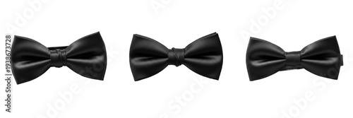 Fotografía Elegant Black Satin Bow Tie Set Isolated on White Background, Three Angles of Cl