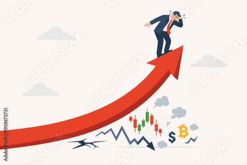 Businessman Standing on Rising Red Arrow Looking Down at Market Crash Symbols, Fear of Financial Crisis, Investment Risk at All-Time High, Stock Market Volatility and Economic Uncertainty Concept