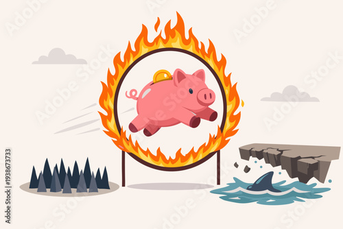 Financial Risk and Investment Volatility Concept with a Brave Pink Piggy Bank Jumping Through a Ring of Fire Over Spikes Towards a Crumbling Cliff, Symbolizing Economic Challenges and Savings.