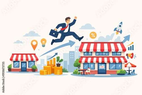 Businessman Jumping from Small Shop to Large Storefront Representing Business Growth, Franchise Expansion, Scaling a Retail Startup, Commercial Success, and Financial Investment Strategy Concept