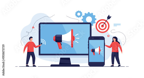 Man and woman engaging in a cross-platform digital marketing campaign using a desktop computer and smartphone for promotion.