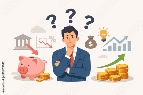 Businessman Thinking about Financial Decisions and Economic Uncertainty with Piggy Bank, Coins, and Market Charts. Man in Suit Contemplating Investment Strategy, Saving Problems, and Banking.