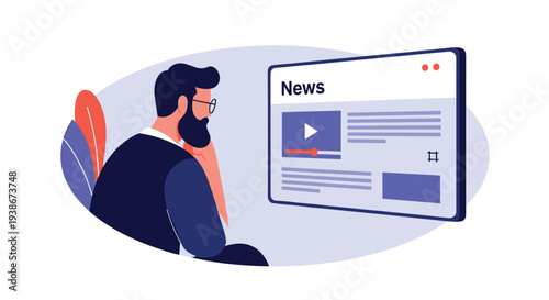 Man with a beard is reading the latest online news on a website featuring articles and video content on a computer screen.