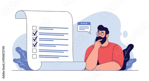Thoughtful bearded man reviews a long checklist on a scroll of paper to plan a project or complete a detailed survey.