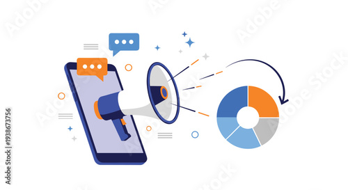 Mobile marketing campaign concept with a megaphone and data analytics pie chart showing promotion and performance results.