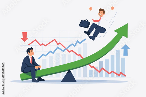 Investment stock market volatility and financial asset value going up and down or profit growth rising up with happy businessman on a seesaw arrow chart concept vector illustration.