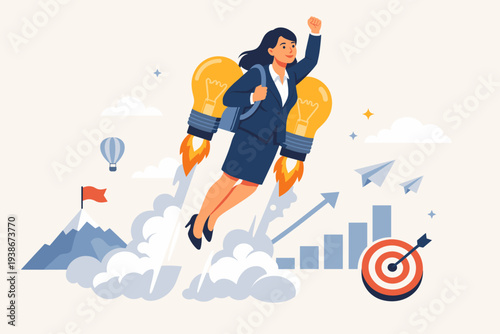 Businesswoman flying with lightbulb jetpack to reach success. Innovation and creativity boosting productivity and motivation for career goals. Flat vector illustration of business growth and aim.