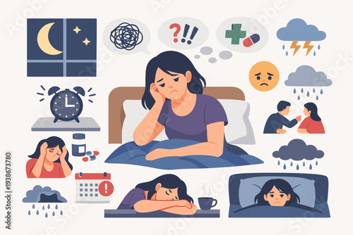 Insomnia and Sleep Disorder Concept Illustration with a Sad Woman Feeling Exhausted, Restless, and Sleepy All Day due to Stress, Anxiety, and Trouble Sleeping at Night in Bed with Symptoms.