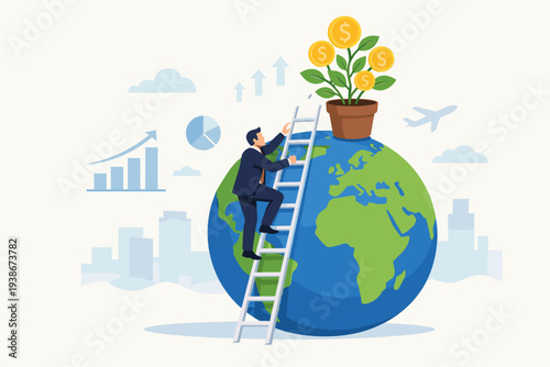 Businessman climbing ladder on globe to reach money tree with gold coins, global investment opportunity, international business growth, worldwide stock market profit, financial success concept.
