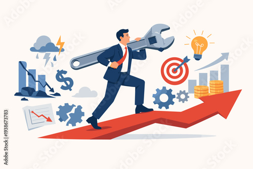Businessman with Giant Wrench Walking Up Growth Arrow to Fix Business Problems, Crisis Management, and Financial Recovery Concept. Resolve Downturn, Improve Performance, and Strategic Success.