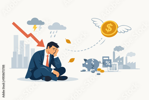 Sad Businessman Sitting on Floor Feeling Depressed About Financial Crisis, Business Failure, and Bankruptcy. Concept of Money Loss, Economic Downturn, Debt, Inflation, and Investment Mistake.