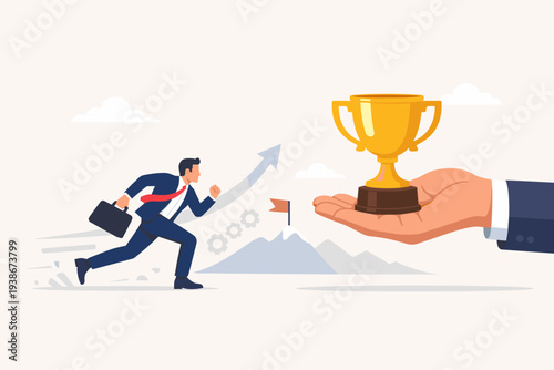 Business Professional Running Towards Golden Trophy Held by Giant Hand, Concept of Motivation to Achieve Career Goals, Employee Reward, Success, Ambition, Growth, and Corporate Achievement.