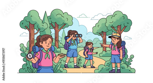 A group of children on a nature hike with backpacks and a map in a cartoon forest setting with trees and bushes