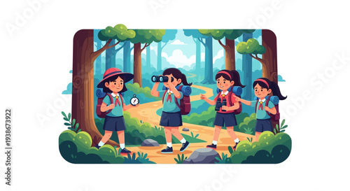 Illustration of four Girl Scouts on a nature hike in a forest with trees and a dirt path, celebrating National Girl Scout Day