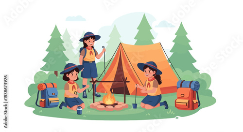 Illustration of girl scouts camping in a forest with a tent, campfire, and trees in a cartoon style with a joyful mood