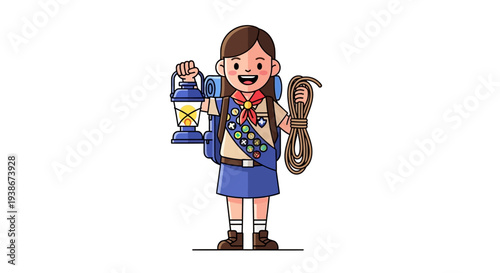 A cheerful Girl Scout holds a camping lantern and a rope while wearing a blue uniform with a red scarf on National Girl Scout Day against a clean white background