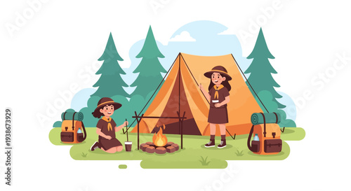 Vector illustration of two girls camping in a forest, sitting by a campfire near a tent with trees and luggage around them, conveying a joyful outdoor adventure