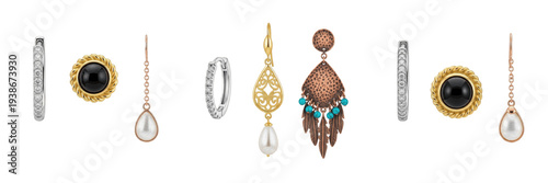 Foto Luxury Jewelry Earring Collection Isolated on White, Gold Silver and Pearl Drop