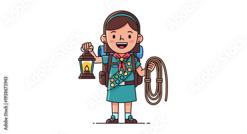 A cheerful Girl Scout holds a lantern and rope while wearing a backpack on a clean white background
