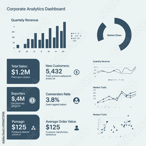 Corporate Analytics Dashboard displaying quarterly revenue, market share, total sales, new customers, conversion rate, average order value, and market trends.
