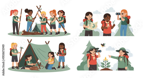 Illustration of diverse kids camping and enjoying outdoor activities on National Girl Scout Day with a cartoon style and joyful mood