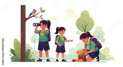 Three Girl Scouts observe and interact with nature while on a camping trip in a lush forest with trees and a colorful bird