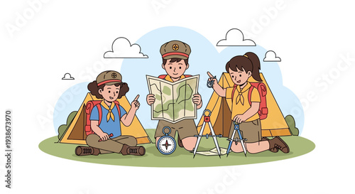 Illustration of three children camping and exploring in nature with a map and compass on a sunny day