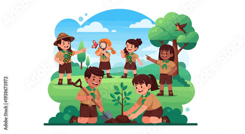 A group of children planting a tree in a natural setting, celebrating National Girl Scout Day with a joyful outdoor activity