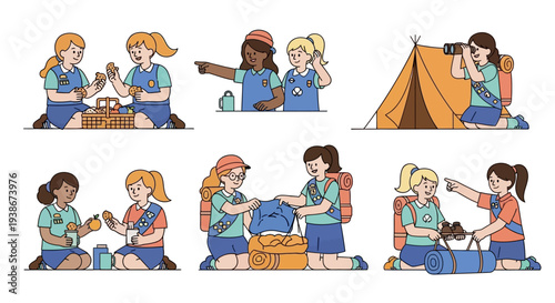 Illustration of a girl scout celebration with kids camping and a group of children in a cartoon style vector design for National Girl Scout Day